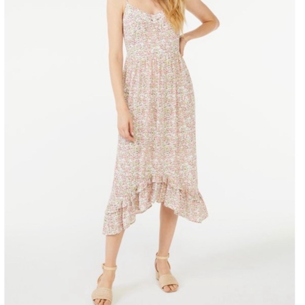 Scoop Ruffle Hem Sleeveless Midi Dress Multi Dainty Floral cottage M 8-10 NWT
